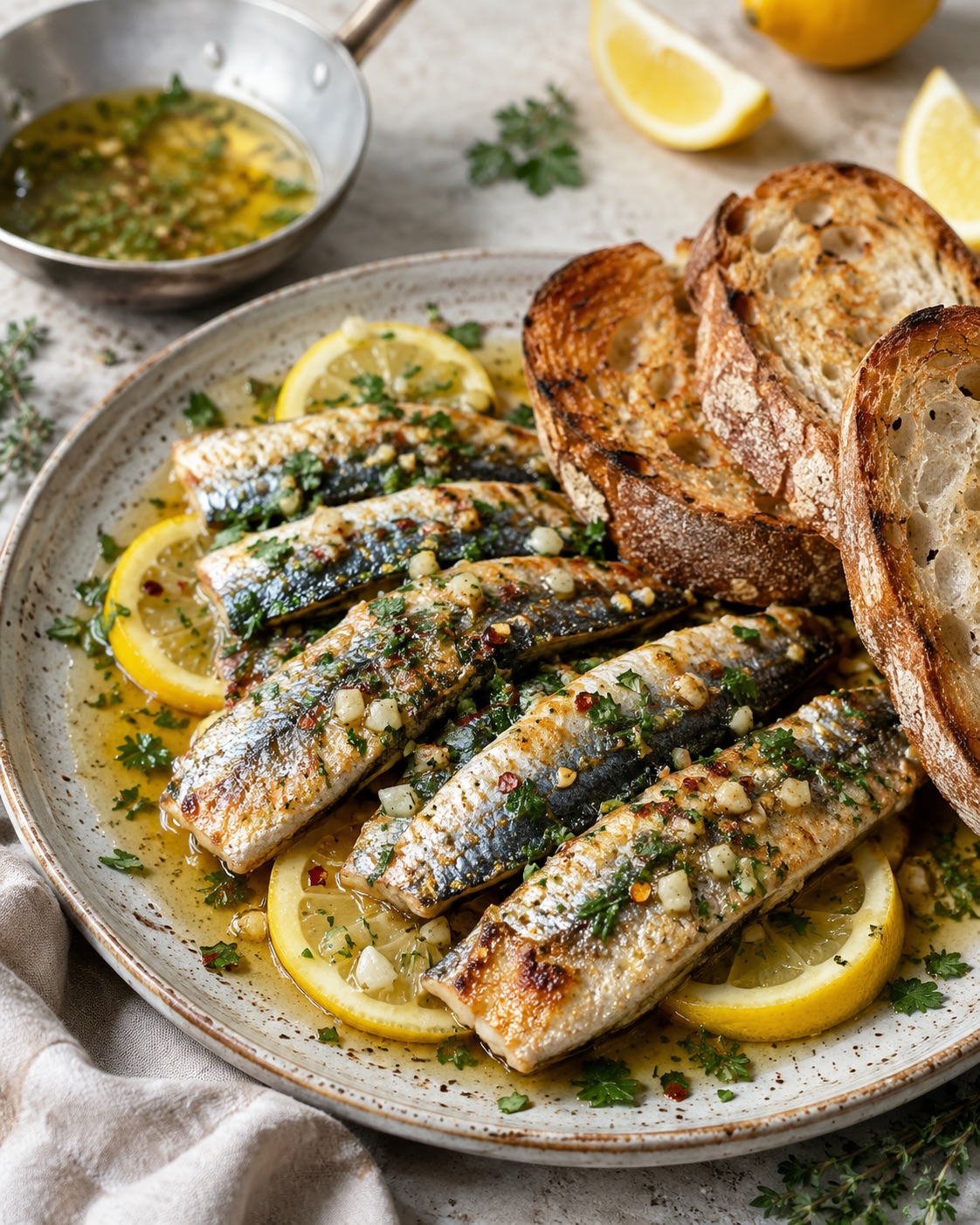 Crispy sardines in lemony garlic butter