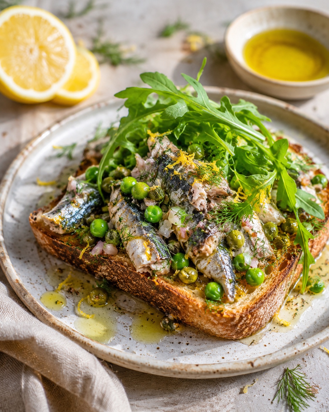 Anti-inflammatory sardine toast on grilled sourdough topped with green peas, fresh arugula, dill, shallot and lemon zest, served on a speckled ceramic plate with halved lemon and a bowl of olive oil.